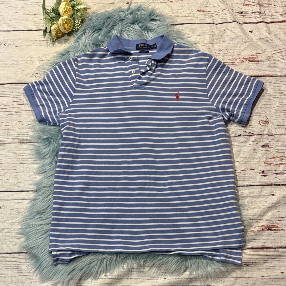 RALPH LAUREN Custom Fit Blue White Striped Red Logo Polo Shirt Top